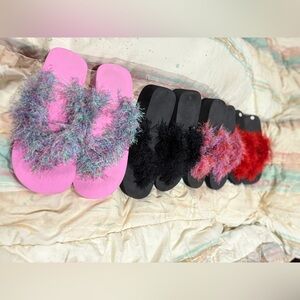 4/$20 New up cycled hand, crocheted fuzzy flip-flops. Women’s size 10.